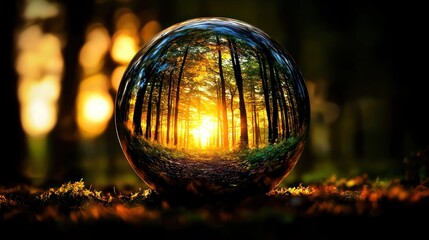 Fototapeta premium Forest path reflected in crystal ball, golden light