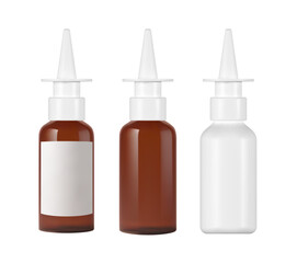 Nasal spray bottle mockup. Brown and white plastic medical container design with white caps and pointed nozzles, isolated on white background, featuring blank label template, pharmaceutical packaging