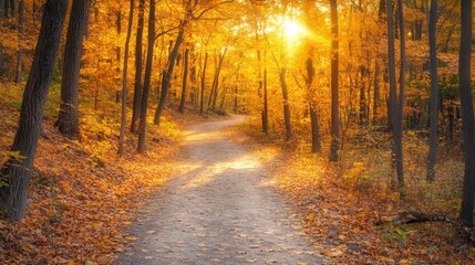 Obraz premium Autumn Forest Path with Golden Sunlight