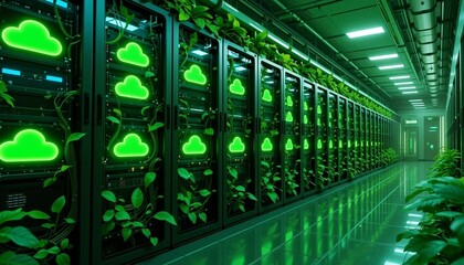 Futuristic Eco-Friendly Data Center with Green Cloud Servers and Lush Plants in 8K Ultra-Realistic Style.