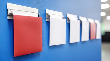 Labeled envelope holders on a wall rack for seldom-used letters and papers