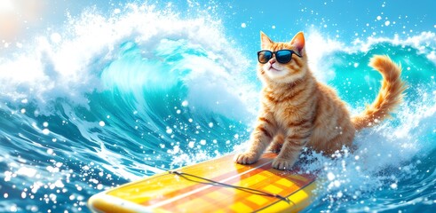 Cute ginger cat in sunglasses surfing a yellow board on ocean waves under bright blue sky, fun and energetic scene.