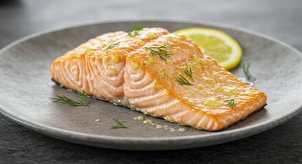 Baked Salmon Fillet with Lemon and Dill - Delicious baked salmon fillet, seasoned with lemon and dill, served on a gray plate. Represents healthy eating, gourmet dining, fresh seafood