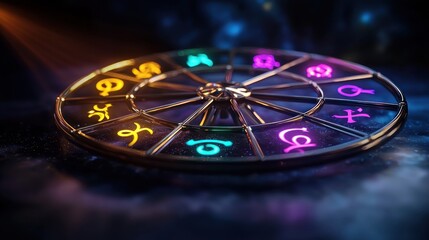 Obraz premium Astrology wheel, rotating, dark, cosmic background
