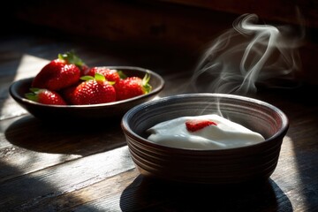 Yogurt with Strawberry and Bowl of Strawberries