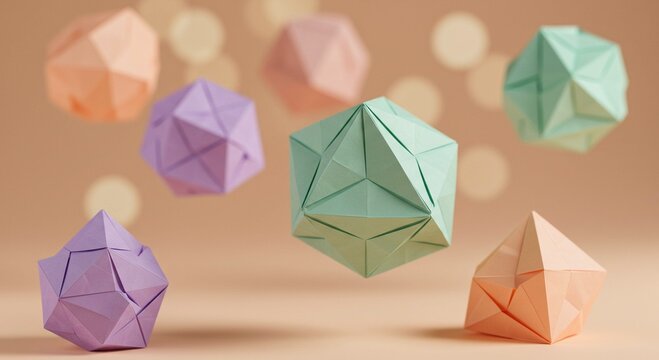 Abstract Pastel Origami Geometric Shapes Floating on Beige Background
