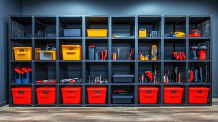 Organized cubby system with containers labeled by tool category and usage frequency