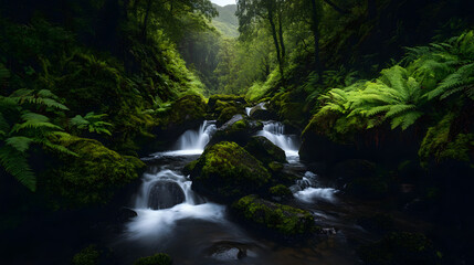 A peaceful waterfall cascading down moss-covered rocks in a shaded mountain glen, surrounded by towering trees and vibrant ferns.