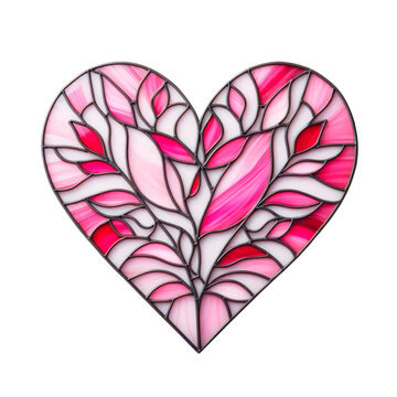 Pink heart made in stained glass technique, white background, minimalism