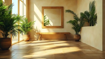 A modern interior with sunlight illuminating a bench, mirror, and potted plants.