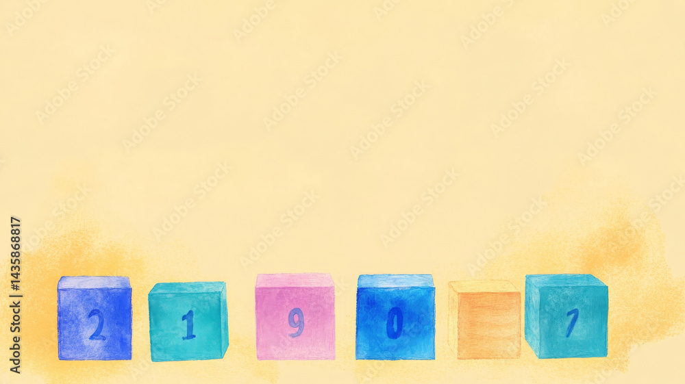 Poster colorful wooden cubes with numbers arranged on soft yellow background create playful atmosphere