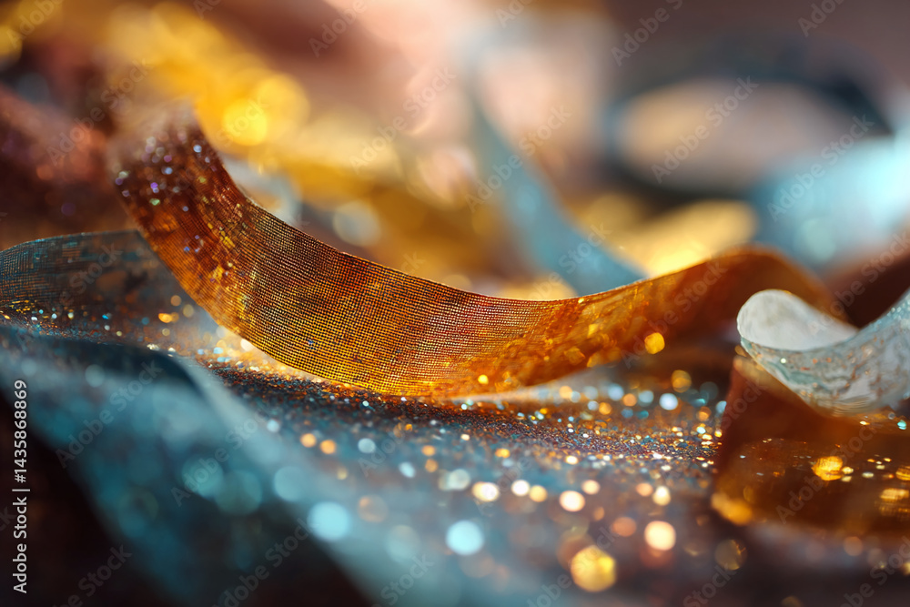 Poster golden and teal glitter fabric texture with shimmering ribbon, creating a luxurious and festive abst