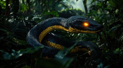 Fototapeta premium Enigmatic snake in a lush jungle; glowing eyes; hidden figures