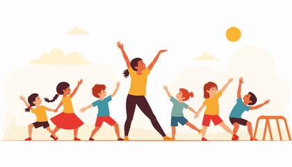 Fototapeta premium Children joyfully stretching in colorful playground, embracing diversity
