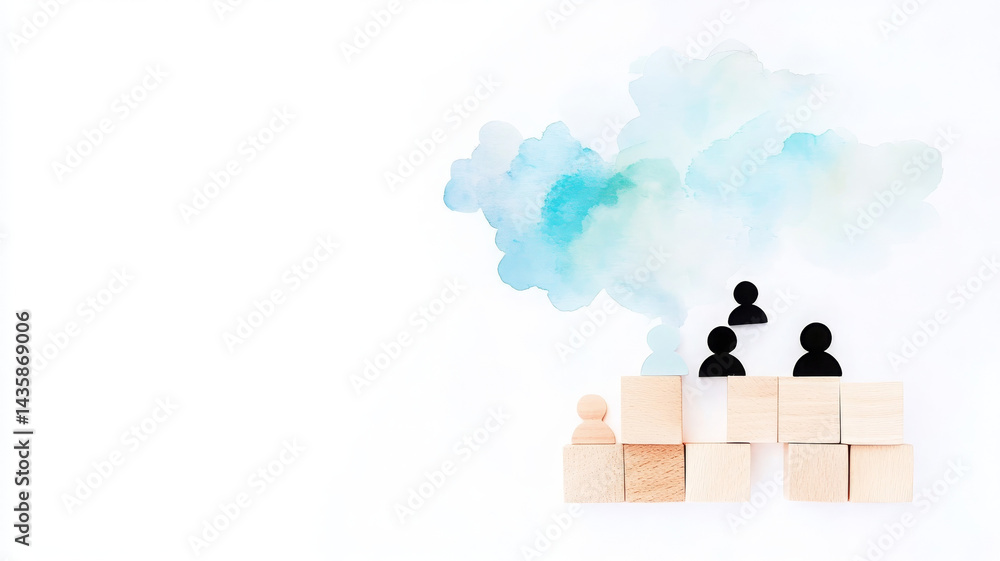 Poster creative wooden blocks forming network with abstract watercolor clouds, symbolizing connection