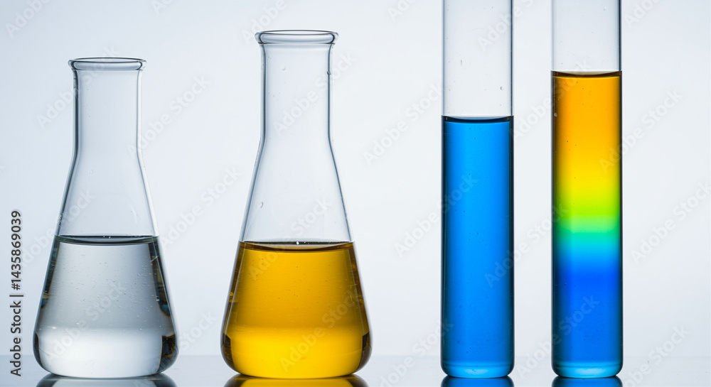 Poster laboratory glassware featuring erlenmeyer flasks and test tubes filled with colorful liquids in a ch