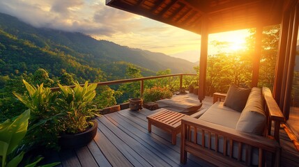 Fototapeta premium Sunset Mountain View Deck Relaxation