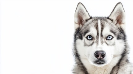 Fototapeta premium Stunning Siberian Husky Portrait with Intense Blue Eyes on White Backdrop