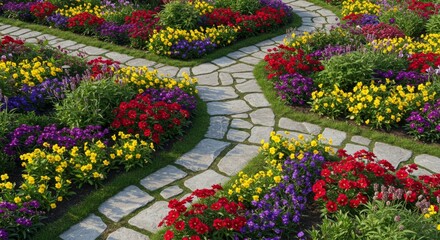 Fototapeta premium Blooming Garden Path View - Serene garden path, vibrant flowers, peaceful stroll, nature's beauty, flourishing life