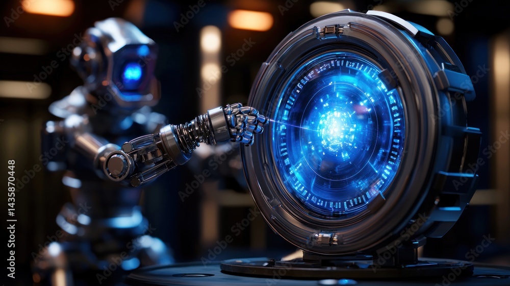 Canvas Prints futuristic robot activating a glowing energy core in a dark lab