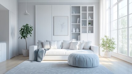 A bright living room with modular storage furniture seamlessly integrating open and closed compartments for a stylish and functional design