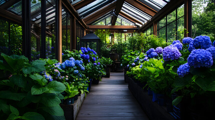 A picturesque greenhouse filled with hydrangea varieties.