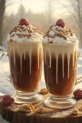 Two delicious coffee drinks topped with whipped cream and raspberries in winter