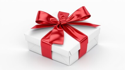 Obraz premium White gift box with shiny red ribbon and bow isolated on a clean white background.