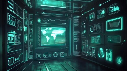 Obraz premium Futuristic Data Center with Glowing Interface Panels and Global Network Display