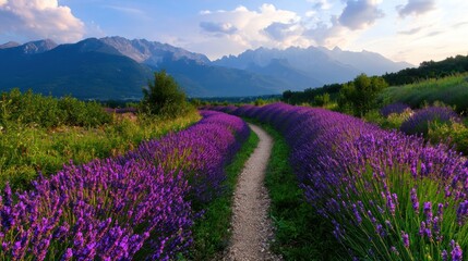 Obraz premium Serene lavender path winding through mountain valley at sunset