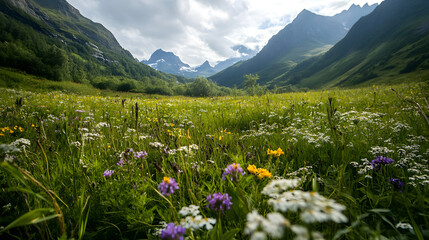 Fototapeta premium A picturesque green meadow surrounded by tall mountain ranges, full of colorful wildflowers.