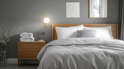 A calming Scandinavian-inspired bedroom with simple wooden furniture