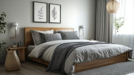 A calming Scandinavian-inspired bedroom setup featuring a wooden bed frame