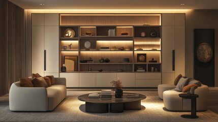 A chic living room with modular storage furniture arranged as a feature wall