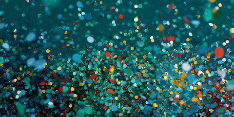 Teal background with multicolored confetti, creating a celebratory and festive atmosphere, ideal for party invitations or celebratory designs