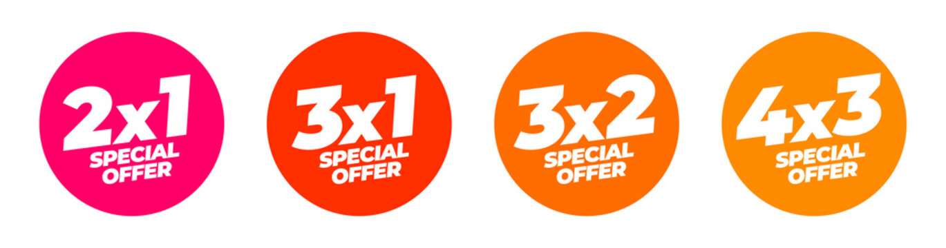 Special offer on coloured rounded tags with different promotions 2x1, 3x1, 3x2 and 4x3 over white background. Sticker for shopping advertising. Vector Commercial tag for Store.