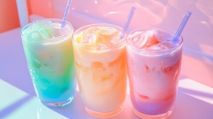 Three Pastel Smoothies with Ice and Straws