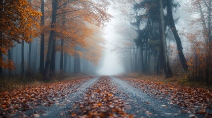 Misty Autumn Road, A Scenic Path Through the Woods with Colorful Foliage