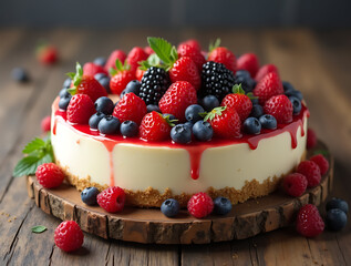 Delicious Berry-Topped Cheesecake on a Rustic Wooden Platter: Sweet Dessert with Fresh Fruits