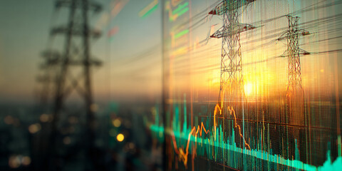 Close-up of a digital screen displaying energy charts and power pylons at sunset, showcasing the energy market and its connection to infrastructure