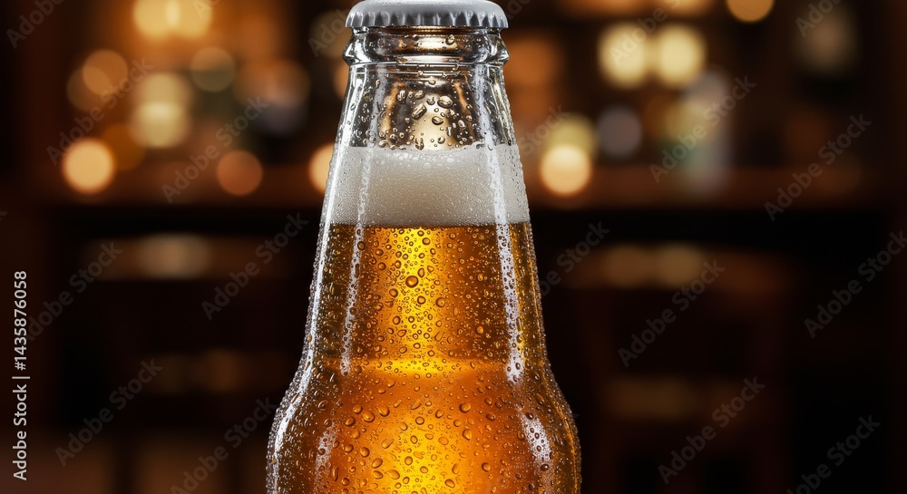 Poster cold beer bottle in bar setting - close-up of a condensation-covered bottle of beer in a dimly lit b
