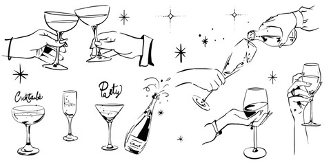  set hand drawn line art hand holding a glass of champagne Drink Celebrate Invitation Vintage On Transparent Background