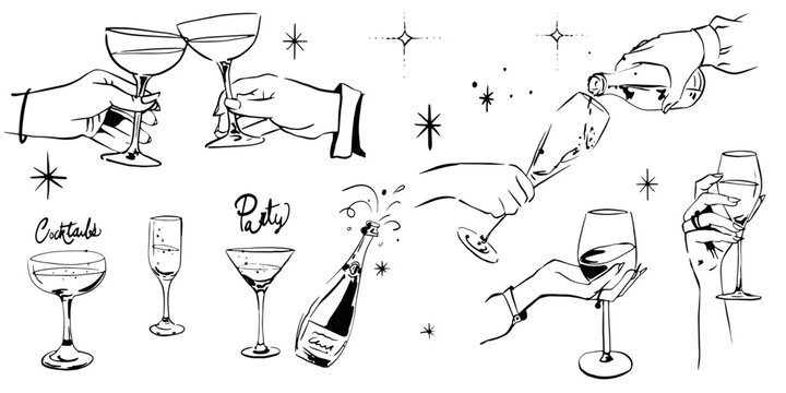  set hand drawn line art hand holding a glass of champagne Drink Celebrate Invitation Vintage On Transparent Background