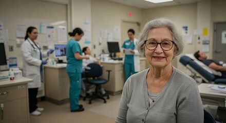 Obraz premium Senior Woman Smiling at Blood Donation Clinic