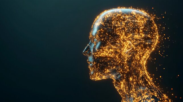 Abstract Digital Human Head Profile Golden Lines Network Technology Artificial Intelligence Futuristic Concept Modern Design Elegant Sparkles Dark    