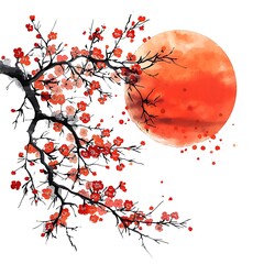 Watercolor Painting of a Blooming Branch Against a Red Sun. A delicate illustration perfect for cards, prints, and design projects.
