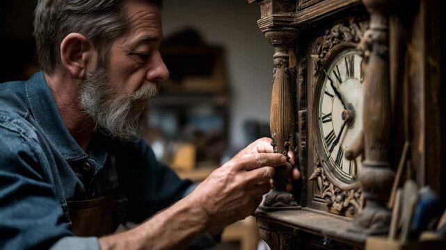 Artisan Clockmaker Skillfully Repairing Vintage Timepiece in a Cozy Workshop Environment