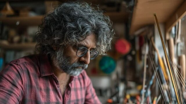 Artisan Crafting Unique Designs with Focused Expression in Workshop Filled with Tools