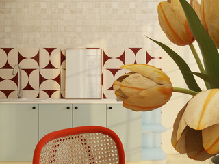 blank wall art on colorful and retro kitchen countertop, frame mockup interior design scene. Trendy mock up with flowers, illustration