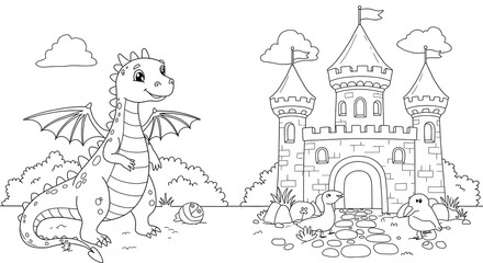 Obraz premium Dragon and Castle Hand drawn coloring page Outlined colouring page black and white for kids with white background